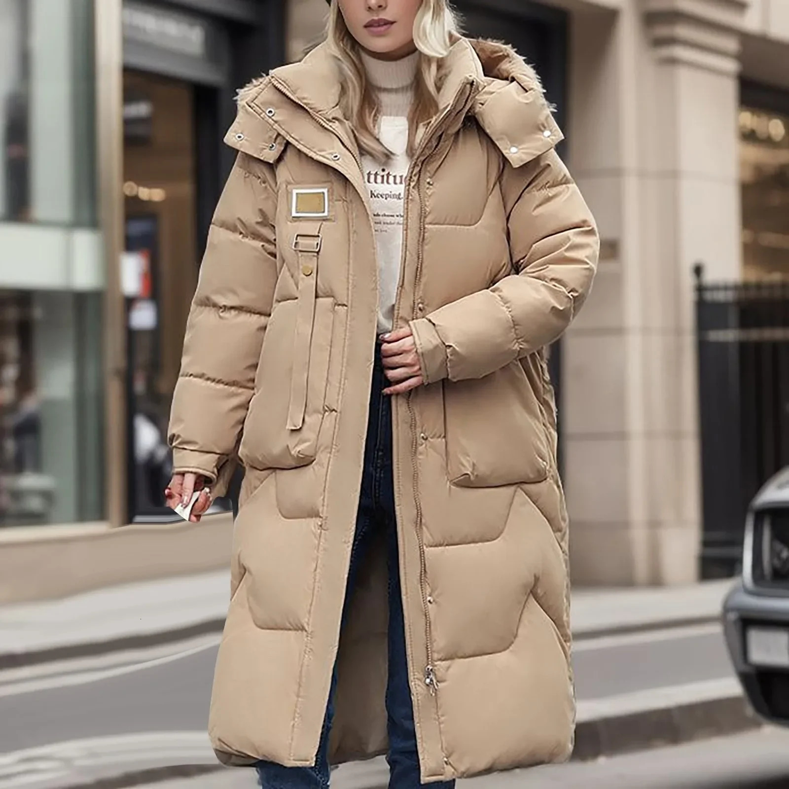 Womens down jacket the warmest lightweight womens winter fashion solid color detachable hooded medium length knee above 241209
