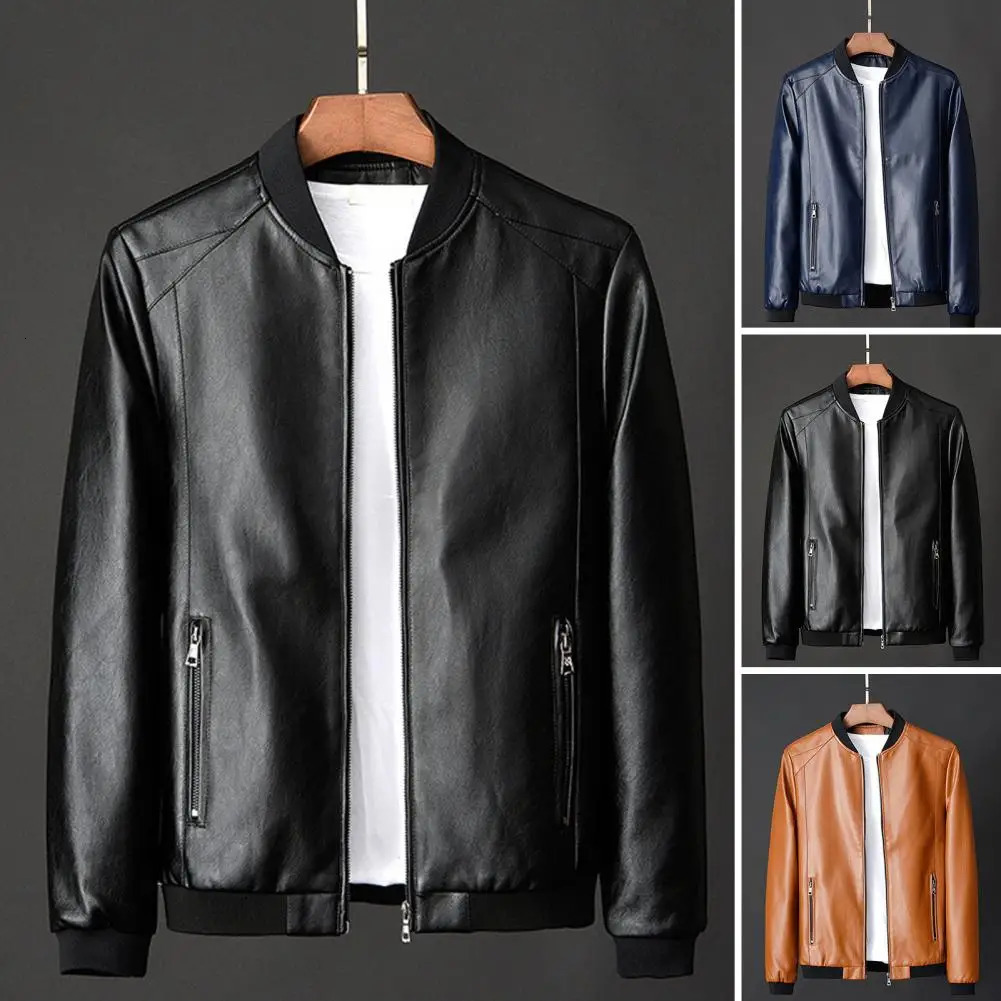 Men Coat Stylish Mens Faux Leather Motorcycle Jacket Windproof Stand Collar Zipper Clre Pockets for Fallwinter Soft 241202
