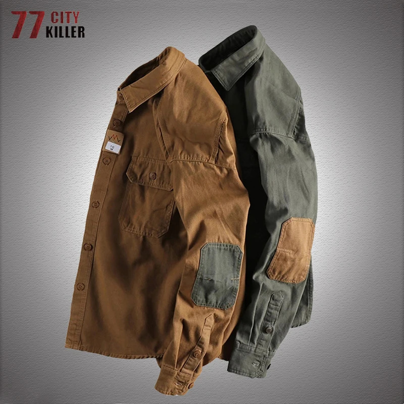 Long sleeved tactical shirt mens patch cargo cotton American casual retro tool jacket outdoor work clothes blue 241209