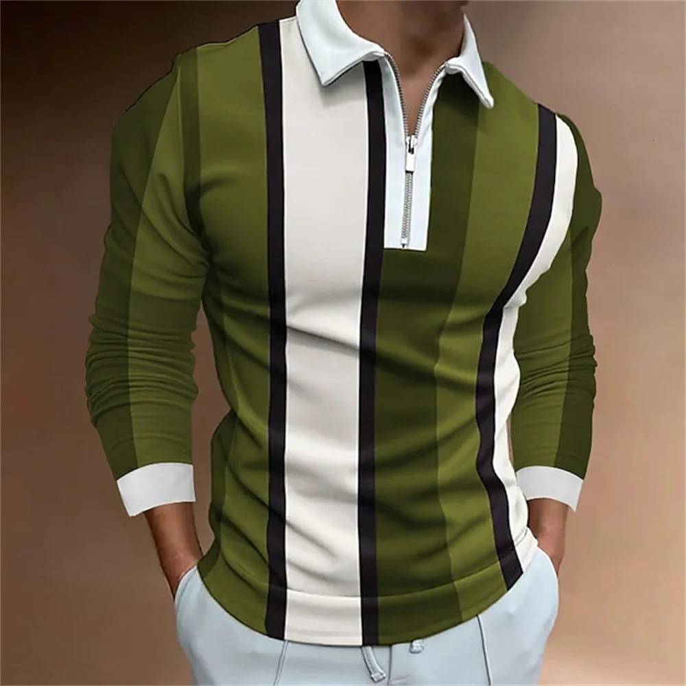 2024 Golf Wear Men Striped Print Microelastic Lapel Polo Shirts Top Porosity Fashion Zipper Long Sleeve T Shirt Clothing 241202