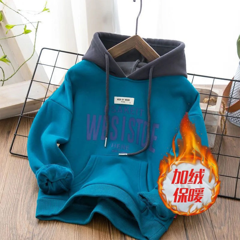 Leisure sports shirt childrens warm thick top boys hoodie fashionable cartoon song set childrens autumn and winter clothing 241210