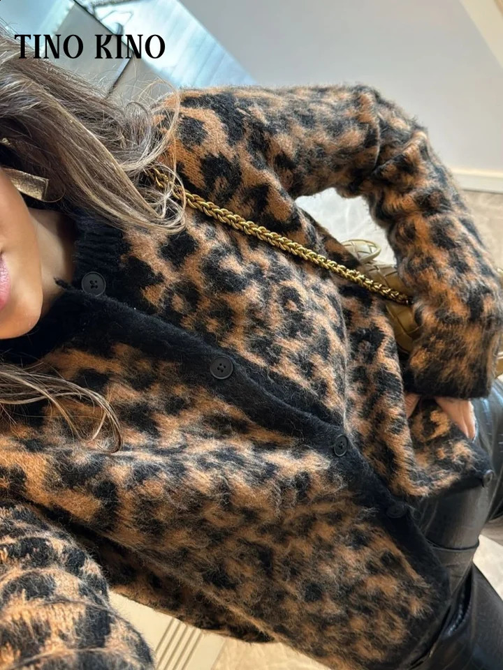 Vintage Leopard Mohair Cardigan For Women Patchwork O-neck Long Sleeve Single Breasted Sweater 2024 Autumn Lady Lazy Knitwear 241210