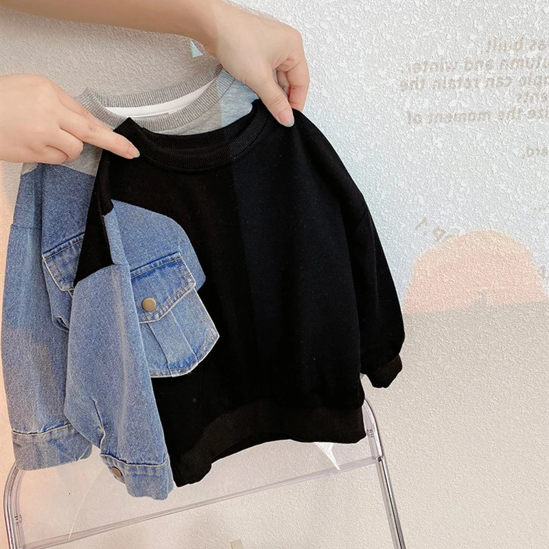 Spring Boys and Girls Top Denim Patchwork Sleeve Loose Hoodie Autumn Casual Childrens T-shirt 241210