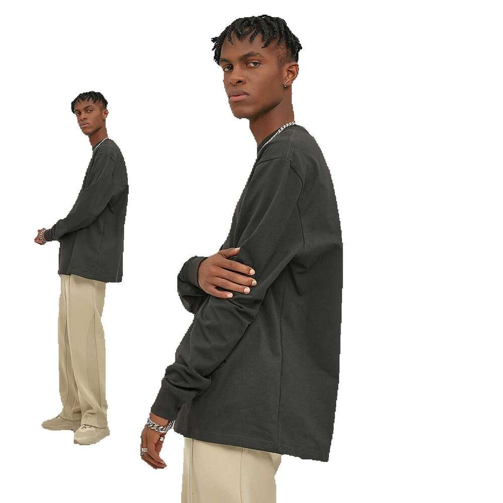 2023 autumn and winter new product heavyweight 345G double yarn plain weave high necke loose long sleeved T-shirt for men