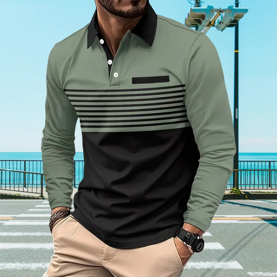 Mens Polo Shirts 3D Stripe Colorblock Print Fashion Sports Lapel Golf TShirt Men Tops Casual Long Sleeve Man Clothes 241202