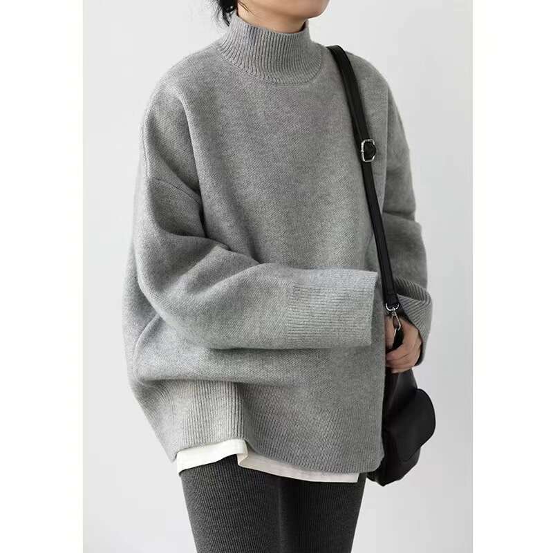 Korean style semi high neck thick for women, with a lazy autumn winter feel, loose medium length style, soft and sticky base knit sweater