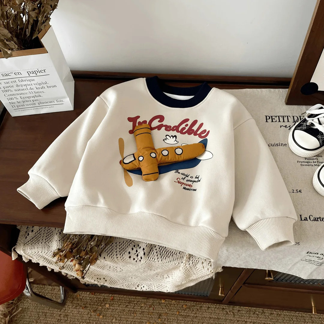 South Korea Autumn Winter Baby Boomer Generation Cartoon Printed Wool Loose Warm Childrens Boys Sports Shirt Childrens Boys Hoodie 241210