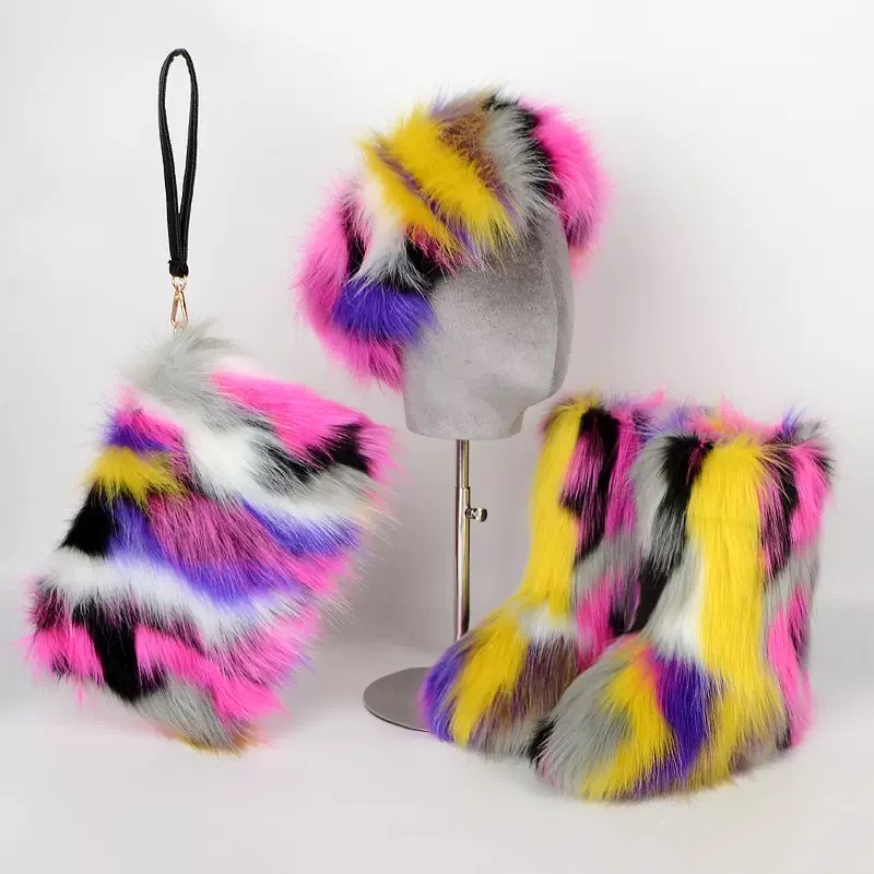 Y2K furry sets Winter Fluffy Snow Boots For Women Faux Fur Ankle Furry Plush Shoe Flat Heel Boot Lady Bag Headband Set