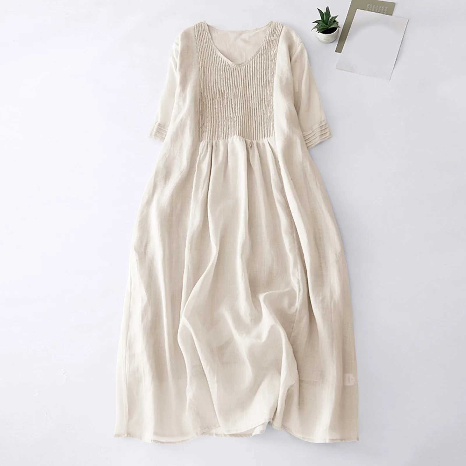 Womens solid color cotton linen long dress a V-neck pleated half Sve Maxi dress summer dress with pockets W241210