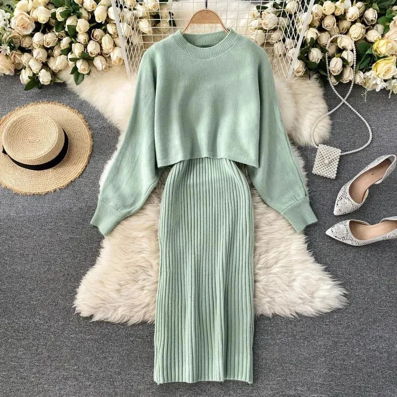 Autumn Knitted Round Neck Two Piece Womens Set Long Sleeve Solid Color Bat Fashion Winter 241209