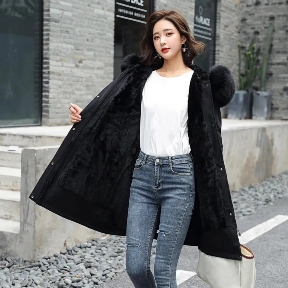 Winter womens long parkour fur cover sleeved pocket knee length jacket thick plush lining zipper button cotton 241209