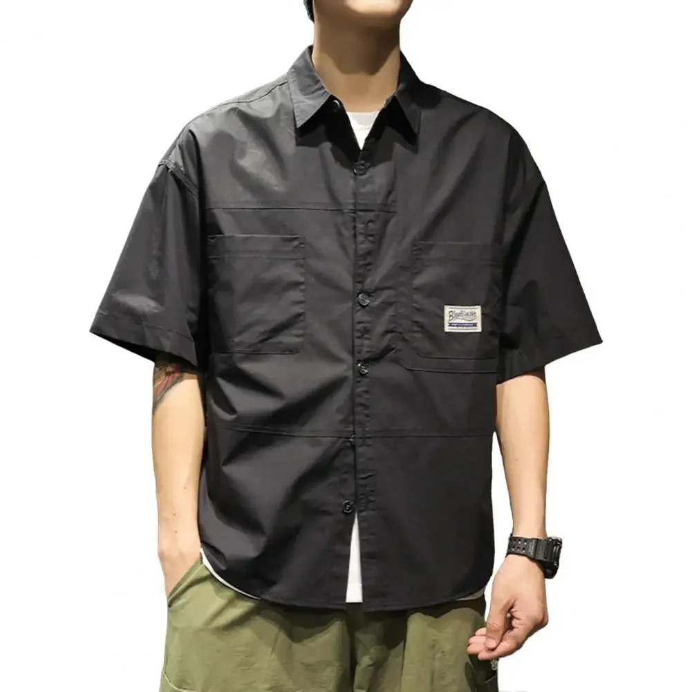 Spring mens cargo shirt collar single breasted loose breathable short sleeved outdoor top 241209