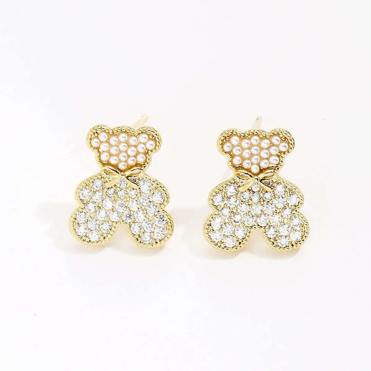 JF Super Flash Exquisite Micro Inlaid Zircon Pearl Cute Bear rens Fun Earrings 241209