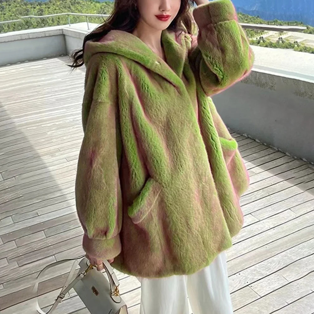 Online celebrity explosion faux fur fashion hooded coat temperature womens winter goddess casual color loose mink coat 241202