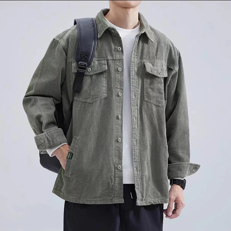 American style cargo shirt mens cotton coral fleece loose long sleeved top solid color multi pocket casual jacket autumn 241209