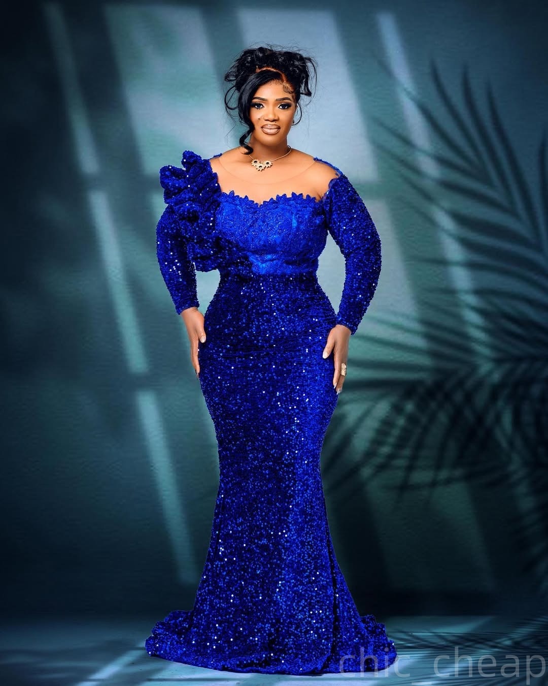 Royal Blue Mermaid Prom Dresses 2025 Lace Sequined Sheer Neck Evening Formal Party Second Birthday Engagement Gowns Plus Size Dress For Special Occasi