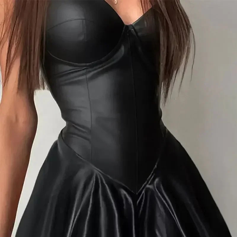 Sexy artificial matte leather mini dress for women spaghetti shoulder strap body dress sleeveless PU A-line pleated dress party cut club outfit 241206