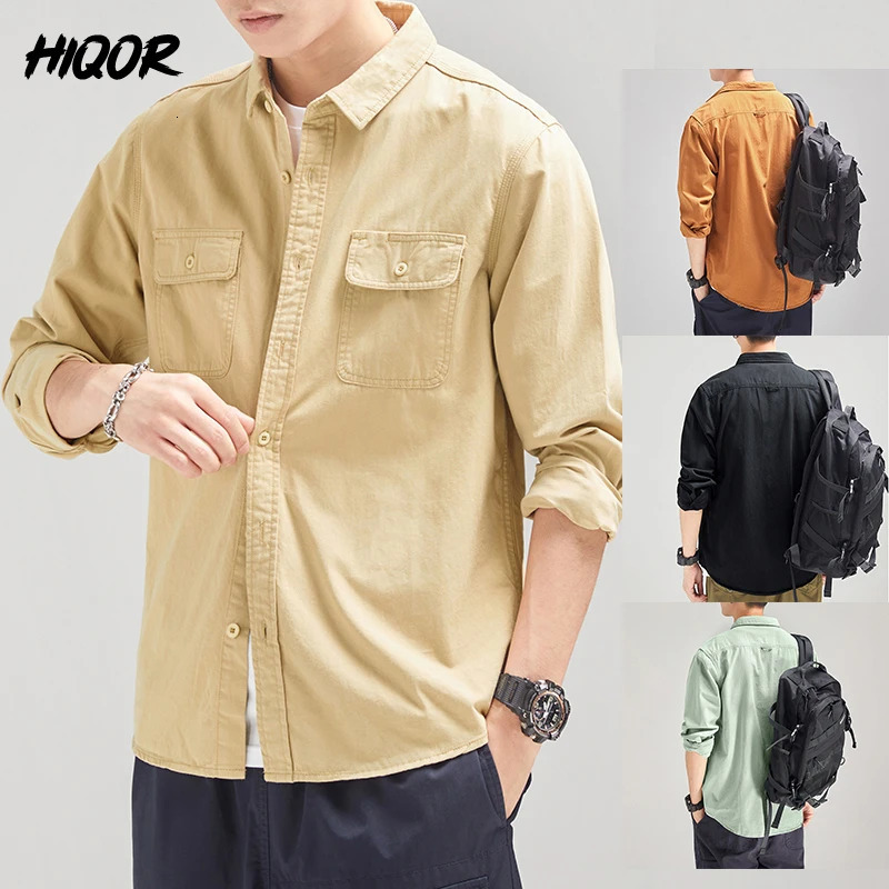 HIQOR 100 pure cotton mens casual shirt 2024 autumn freight clothing khaki retro 241209