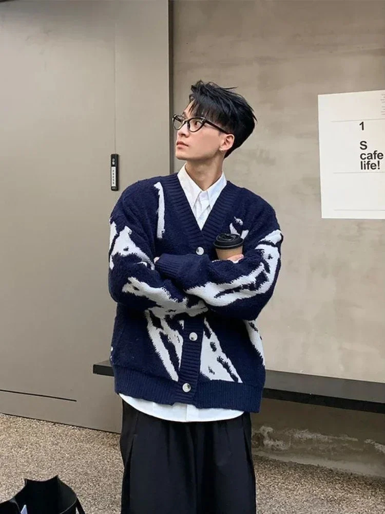 Mens Clothing V Neck Blue Cardigan Graphic Knit Sweater Male in Sheap Aesthetic Meme Maletry Large Big Size Korean Fashion 241202
