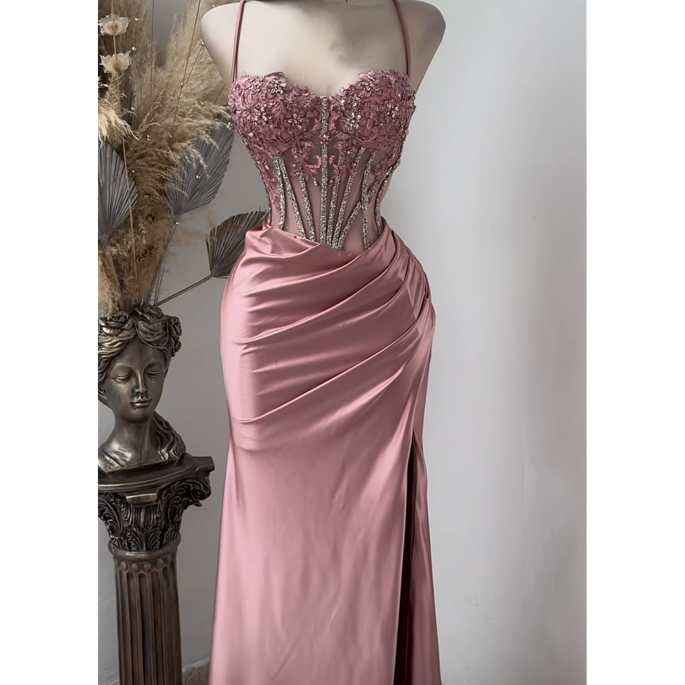 Or Length Pink Mermaid Prom Dresses Side Split Spaghetti Straps Sexy Special Ocn Dress Lace Appliques Crystals Beaded Illusion Corset Pageant Evening 
