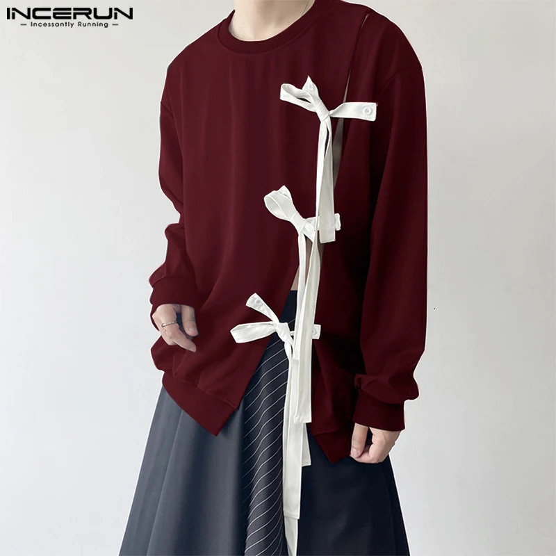INCERUN Tops Korean Style Fashion Men Oneck Bow Ribbon n Sweater Casual Streetwear Solid Long Sleeved Pullovers S3XL 241209