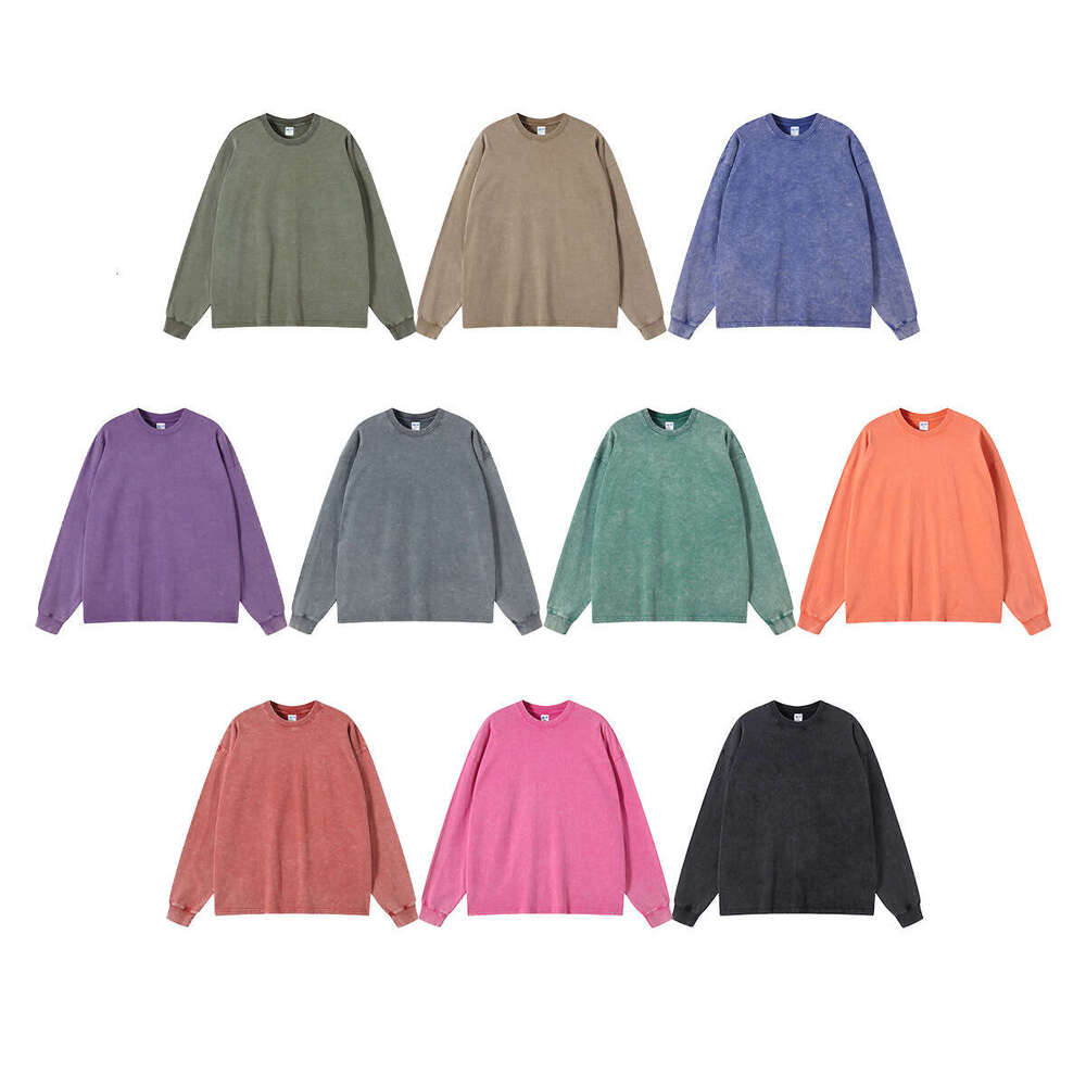 2024 Autumn/Winter New Trendy Brand Heavy Weight 275g Retro Wax Printing Water Washed Sleeve T-shirt Men's Round Neck Couple Top Long T