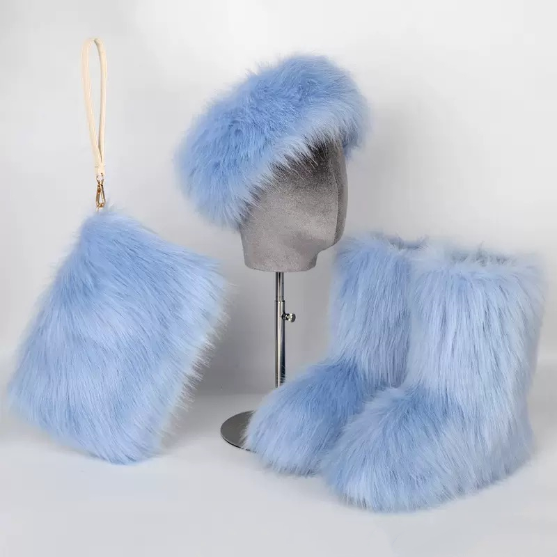 Y2K furry sets Winter Fluffy Snow Boots For Women Faux Fur Ankle Furry Plush Shoe Flat Heel Boot Lady Bag Headband Set
