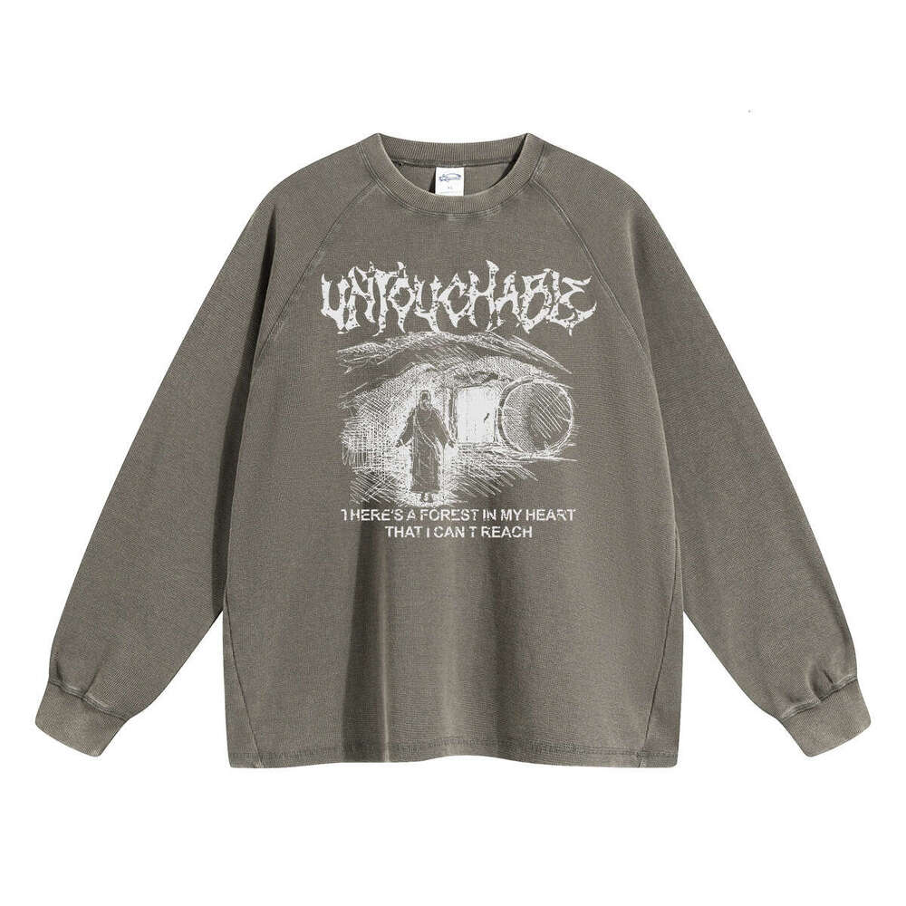 2024 Autumn/Winter New Product Wax Printing Waffle 350g Washed Water Used Printed Long Sleeve Trendy Brand Men's Retro T-shirt