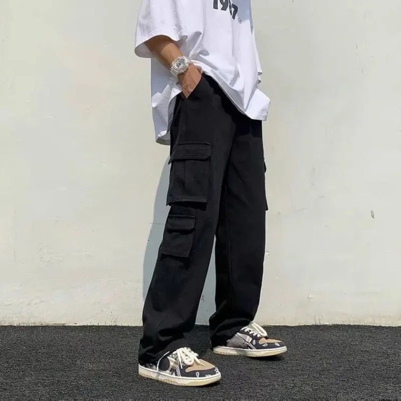 Cargo Pants for Men Wide Summer Trousers Man White Straight Street Big Size Nylon Cotton Regular Fit Harajuku Slacks Large Baggy 241209