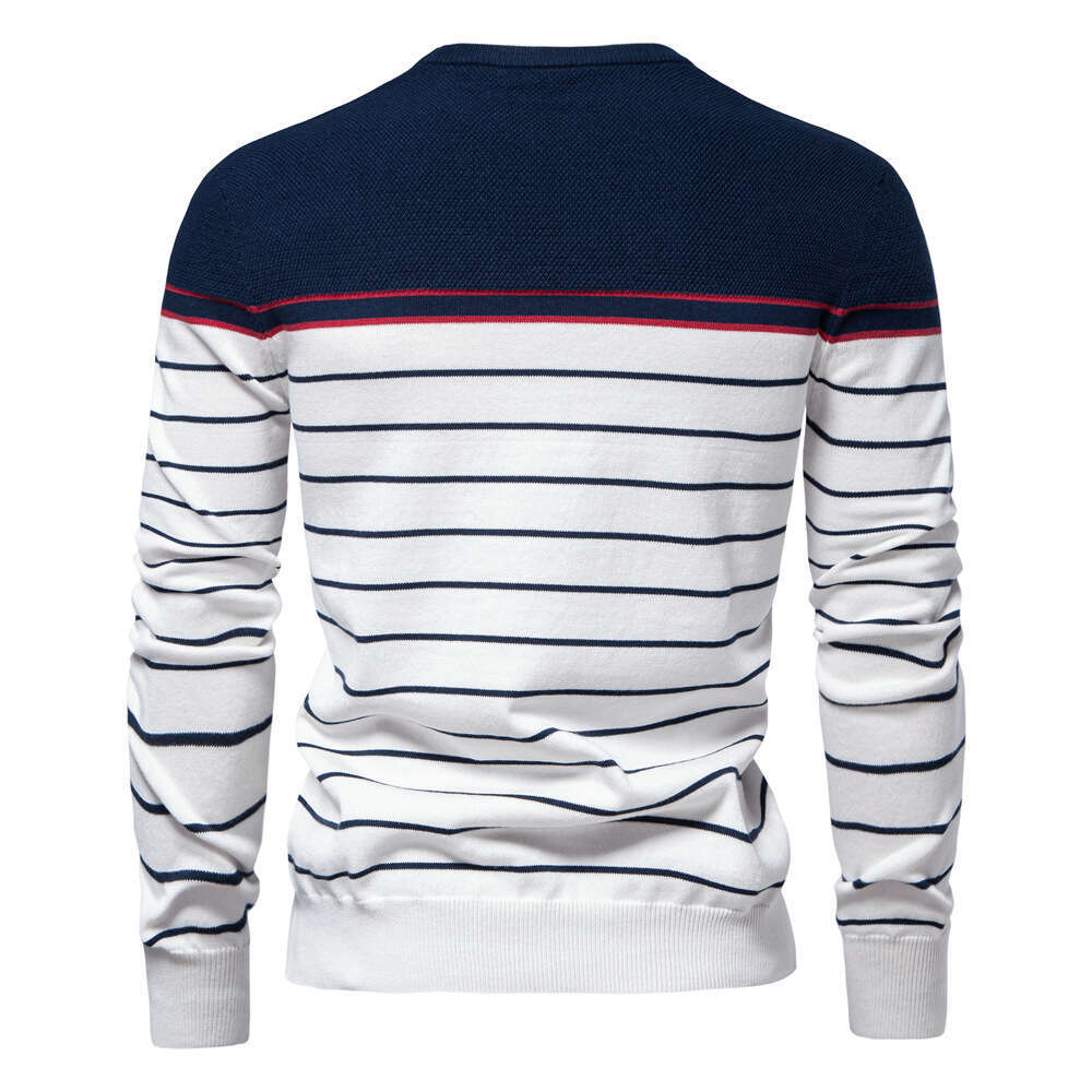 2024 autumn and winter new striped color blocked long sleeved knitted fashionable round neck men's casual sweater