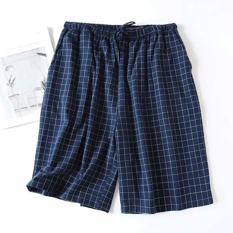 Flat weave n pajamas mens shorts summer thin cotton loose doublelayer casual wear wearing checkered Pj pants 241209