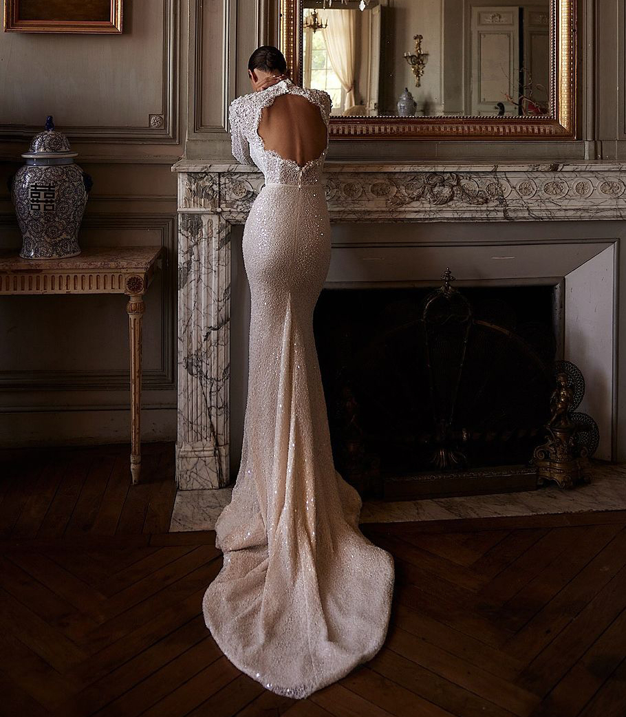 Elegant Mermaid Wedding Dresses Long Sleeve Sequins Appliques Sweep Train Bridal Gowns Chic Dubai Custom Made Backless Vestidos De Novia