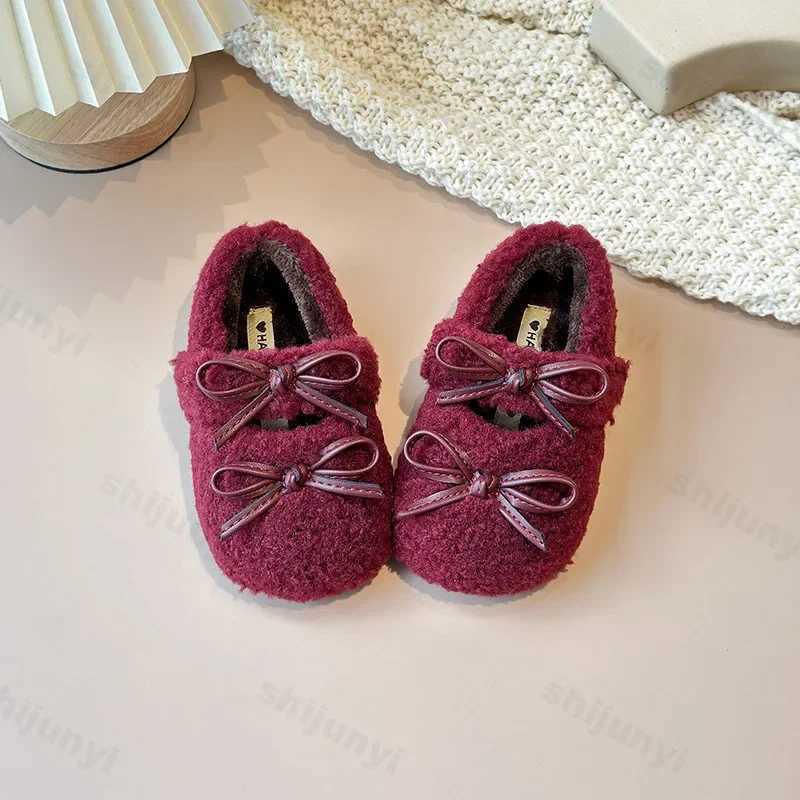 New 2025 Winter Children Fashion Bowknot Flat Shoes Fur Cover Toe Light Warm Kids Casual Shoe Plush Non-slip Comfy Girls ShoesXJ241209
