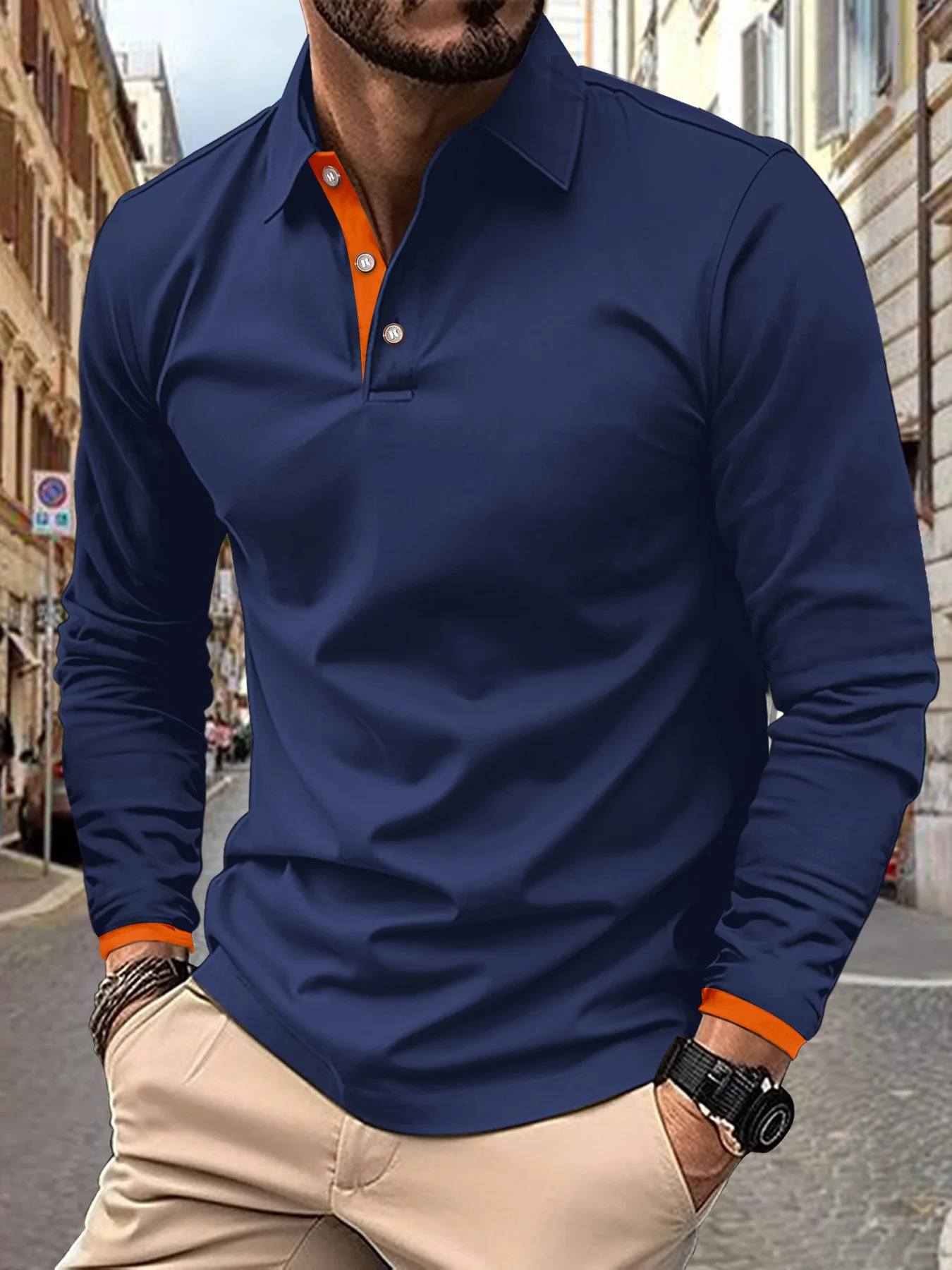 Spring and Autumn mens solid color business slimfit POLO shirt matching lapel long sleeve leisure sports polo 241202