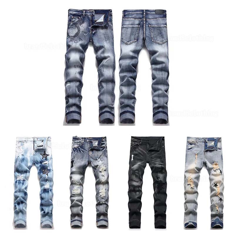 Jeans mens designer jeans for mens pants man white black rock revival jeans biker Pants man pant Broken hole embroidery Hip Hop Denim Pants letter jeans pantalones