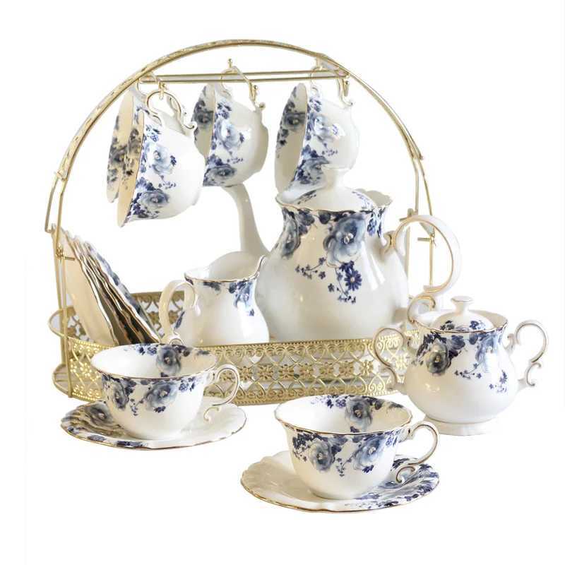 Blue and white new porcelain coffee and tea pot set ceramic cup with tray gold edge design Chinese milk W241210