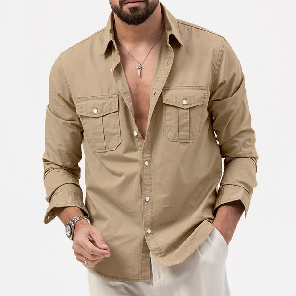 Fashionable mens casual button up shirt Safari style long sleeved lapel merchandise jacket work coat top 241209