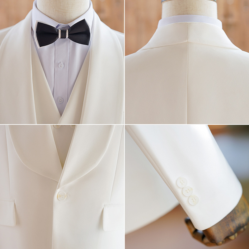KC00 Men's white suit three-piece host stage performance suit slim handsome groom wedding dinner dress