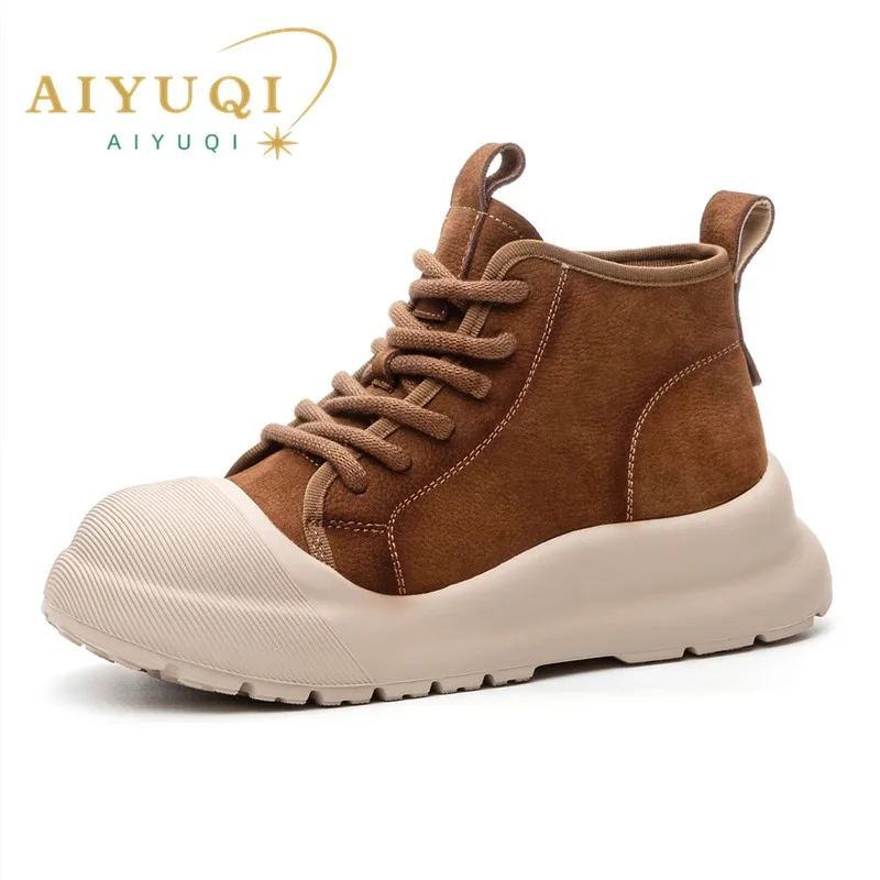 AIYUQI Women's Sneakers Retro Genuine Leather Strappy Women Flats High Top Platform Women's Casual Shoes