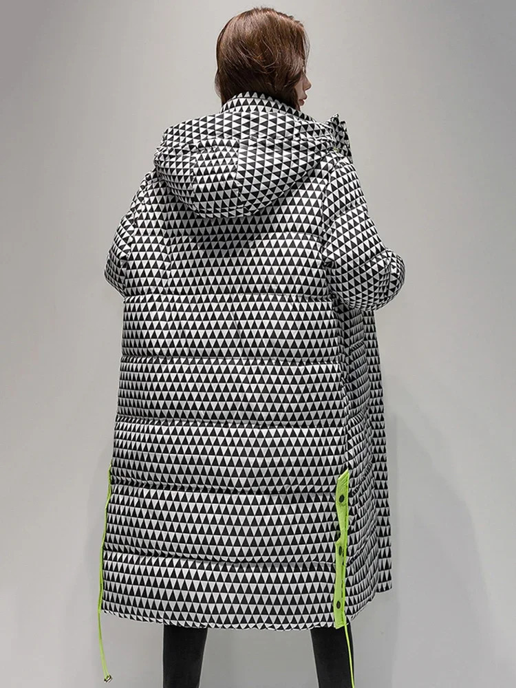 Winter Warm Parka Plaid Long Sonw Jacket Womens Fashion Thick Hooded Inflatable Windproof 241209