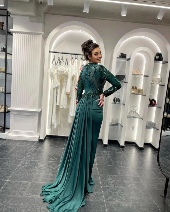 Evening Dress Higg Neck with Beading Stones Sequins Bodice Full Sleeve or-length Skirt Train Special Ocn Gown bc19850