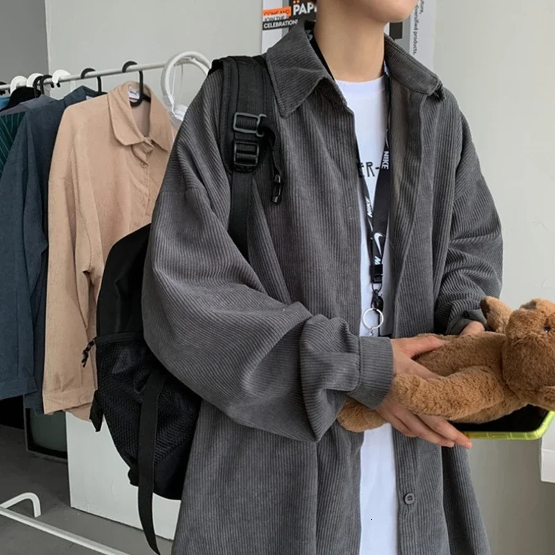 Autumn mens Corduroy long sleeved shirt Korean fashion Y2K retro 2024 casual oversized street clothing commodity 241209