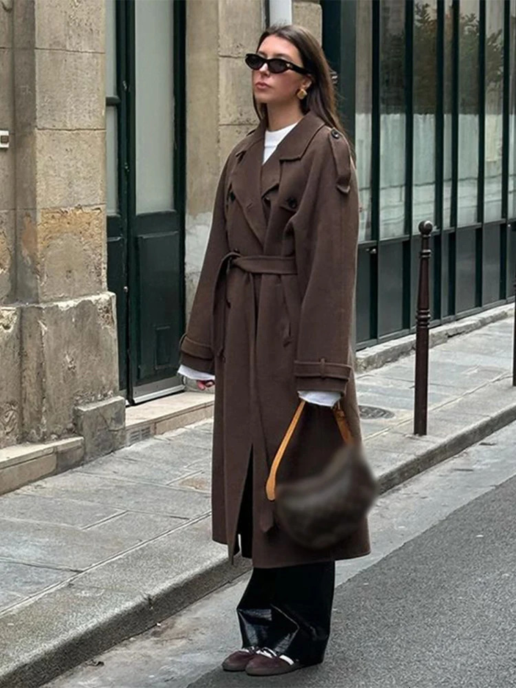 Retro double chest long coat for womens casual loose solid collar wool coat for womens winter elegant and chic street jacket 241204