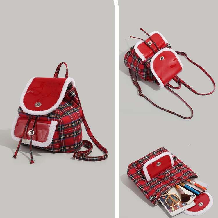 American college style plush soft leather backpack, women's lambhair handbag, 2024 new Christmas atmosphere backpack