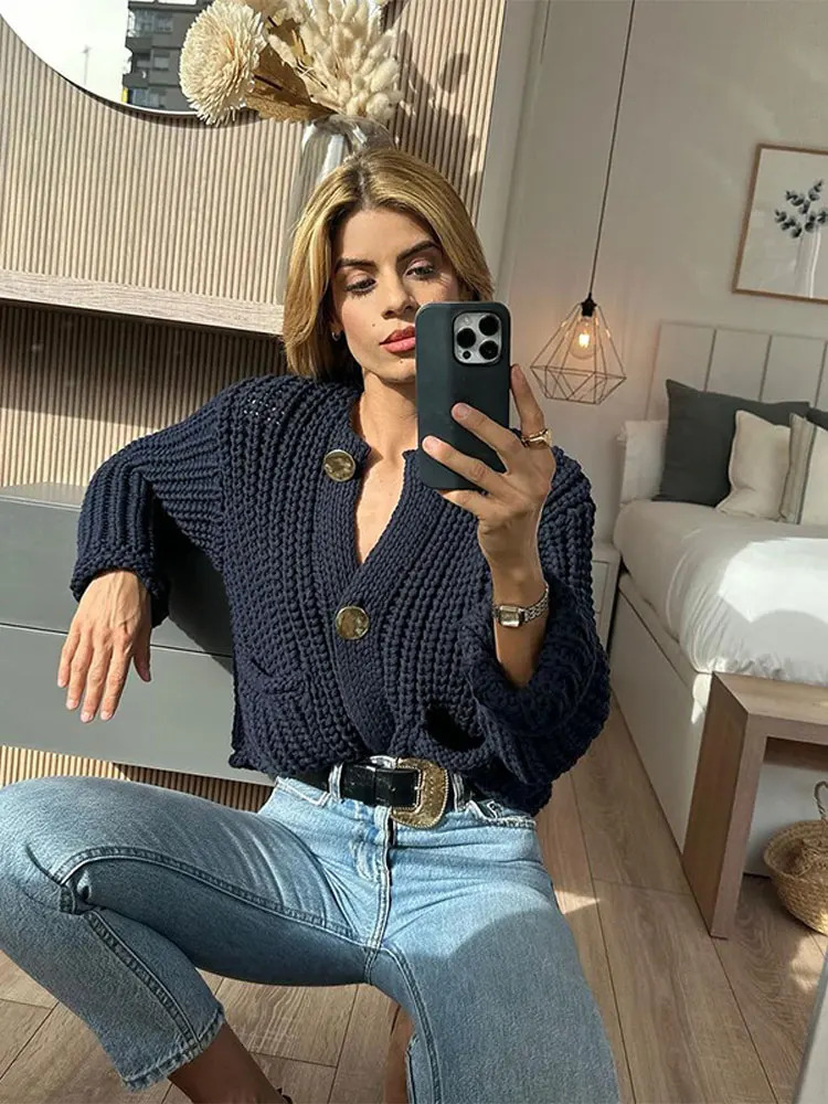 O Neck Single-Breasted Knitted Cardigan For Women Casual Pocket Long Sleeve Sweater Autumn Fashion Lady Streetwear Knitwear