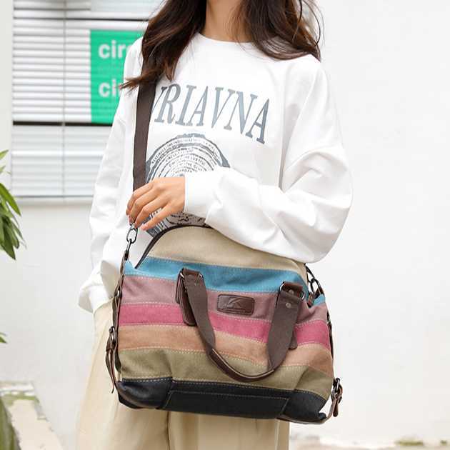 Canvas leisure fashion College of literature and art single shoulder slant span large capacity women's bag color contrast stitching bag 241215