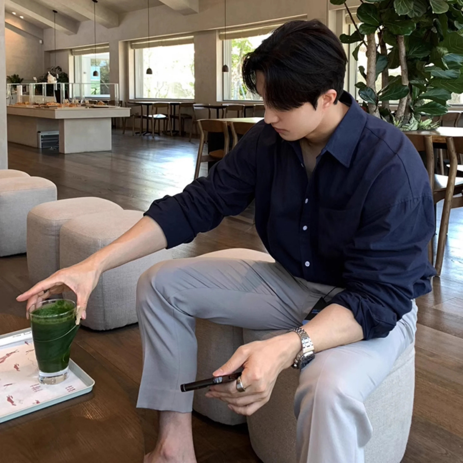 Product Style Mens Shirt Navy Blue Simple Korean Fashion Loose Japanese Harajuku Long Sleeve Cotton Business Intelligence Casual Handsome 241209