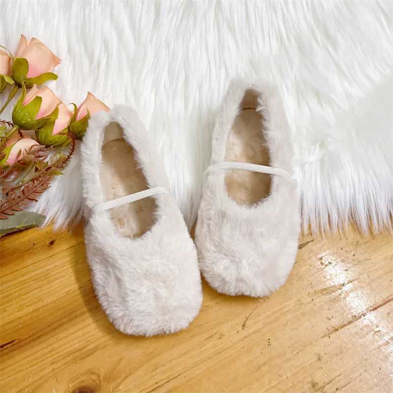 Furry Girls Shoes Soft Sole Comfortable Ballet Flats Elegant Plush Shallow Kids Princess Shoes Versatile Child Mary Janes XJ241209