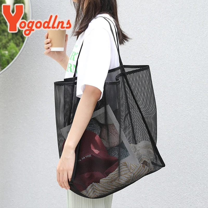 Literary Mesh Hollow Out Tote Bag For Women Summer Beach Handbag Large Capacity Shoulder Student Bookbags sac 241203
