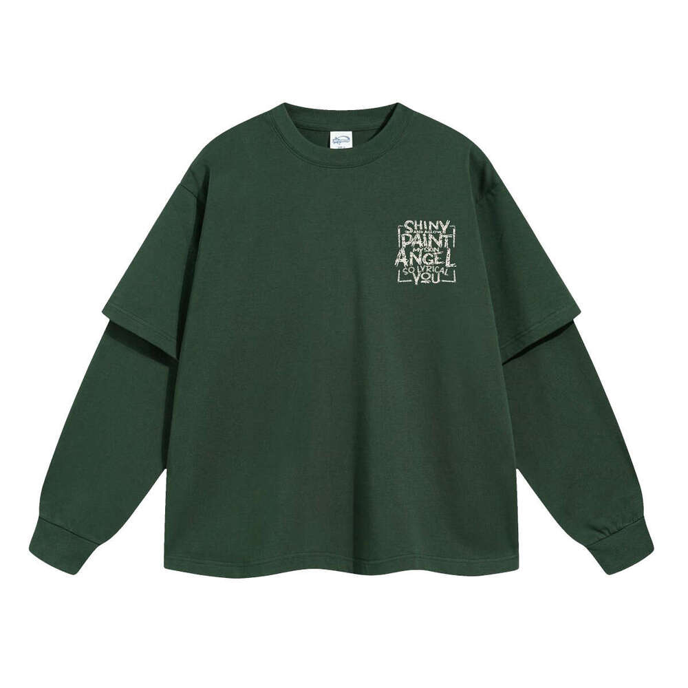 2024 Autumn New Product Oversize Printed 305g Fake Two Piece Splicing Long Sleeve T-shirt Men's Street Trendy American Round Neck T